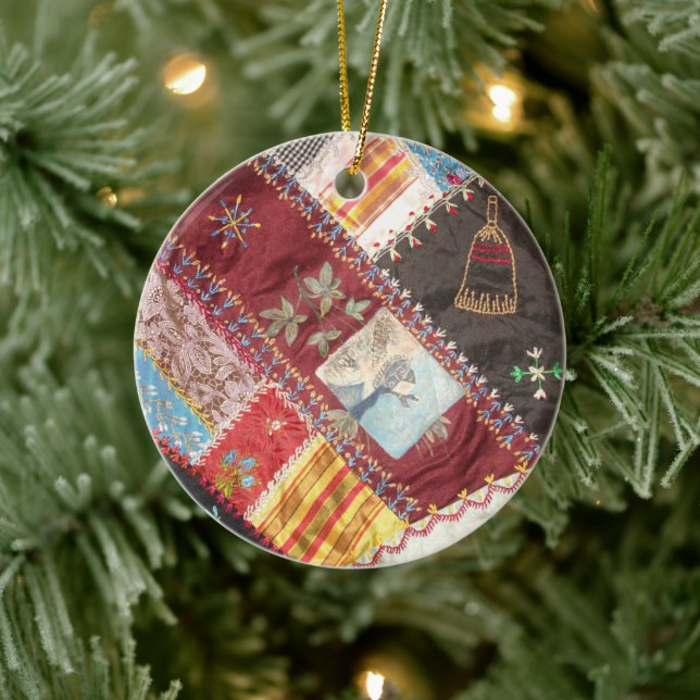 Antique, Victorian-Era, Crazy Quilt Square Ceramic Tree Decoration (Tree)