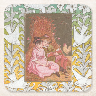 Antique VIctorian Era Valentine's Day Card, 1876 Square Paper Coaster