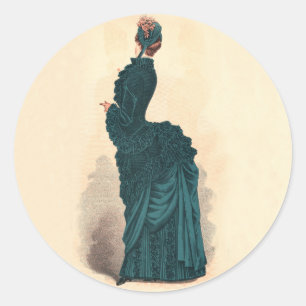 Antique Victorian Fashion Plate: Teal Bustle Dress Classic Round Sticker