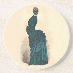 Antique Victorian Fashion Plate: Teal Bustle Dress Coaster