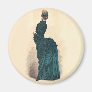Antique Victorian Fashion Plate: Teal Bustle Dress Magnet