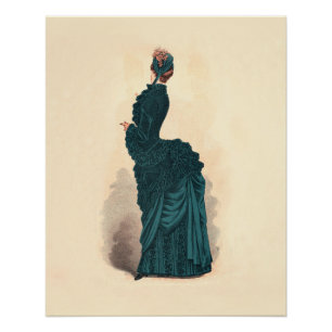 Antique Victorian Fashion Plate: Teal Bustle Dress Poster