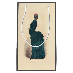 Antique Victorian Fashion Plate: Teal Bustle Dress Small Gift Bag