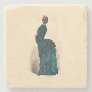 Antique Victorian Fashion Plate: Teal Bustle Dress Stone Coaster