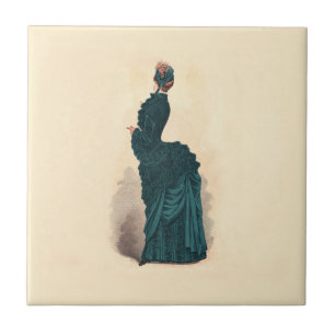 Antique Victorian Fashion Plate: Teal Bustle Dress Tile
