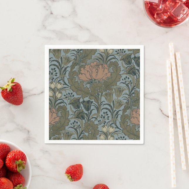Antique Victorian Floral Pattern Sage Terracota Napkin (Insitu)