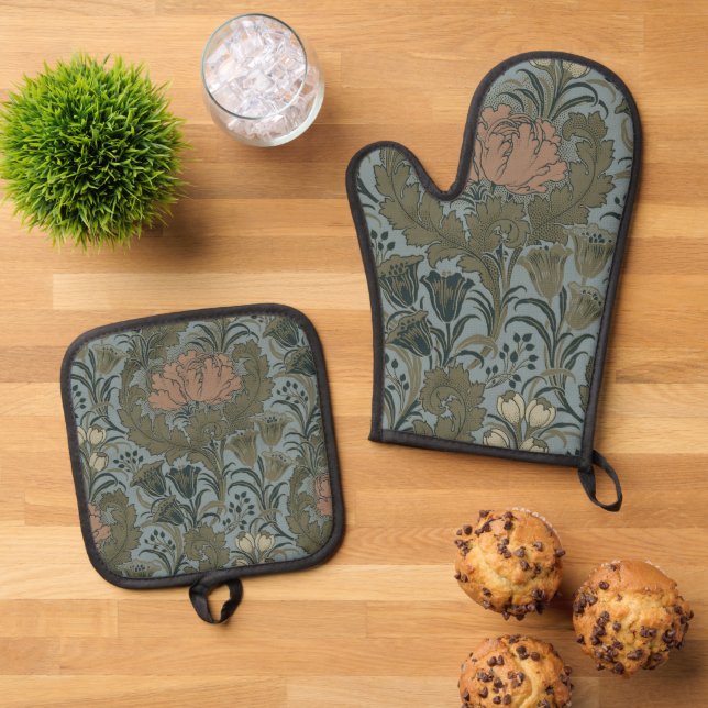 Antique Victorian Floral Pattern Sage Terracota Oven Mitt & Pot Holder Set (Top Down)