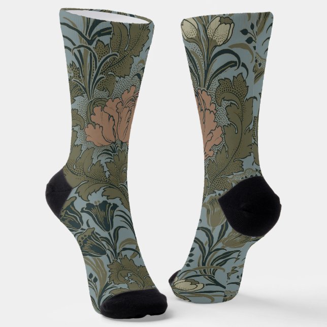 Antique Victorian Floral Pattern Sage Terracota Socks (Angled)