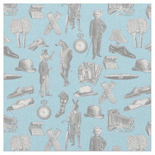 antique victorian gentlemen animals blue toile men fabric