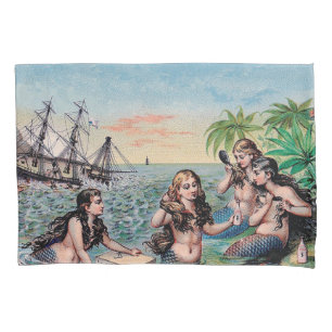 Antique Victorian Mermaids Treasure Ship Vintage Pillowcase