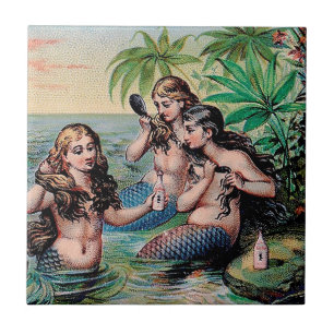 Antique Victorian Mermaids Treasure Ship Vintage Tile
