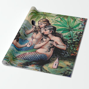 Antique Victorian Mermaids Treasure Ship Vintage Wrapping Paper