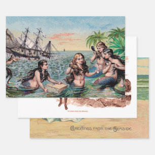 Antique Victorian Mermaids Treasure Ship Vintage Wrapping Paper Sheet