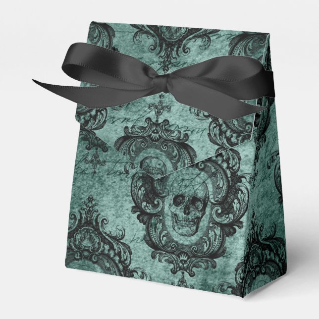 Antique Victorian Teal and Black Skull Pattern Favour Box (Front Side)