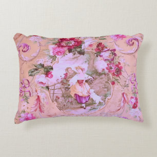 Antique Victorian Toile Rococo Style Floral Pink Decorative Cushion