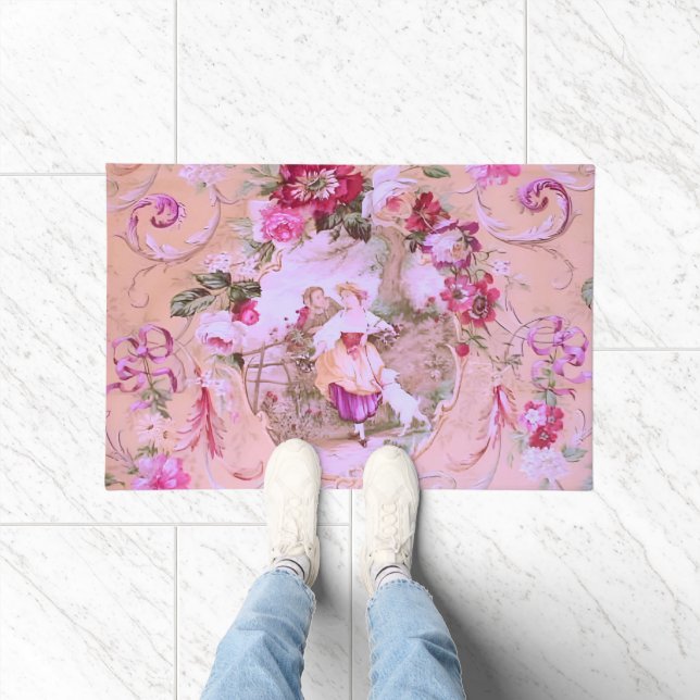 Antique Victorian Toile Rococo Style Floral Pink  Doormat (Indoor)