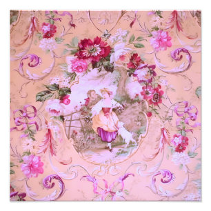 Antique Victorian Toile Rococo Style Floral Pink Photo Print