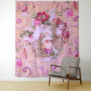 Antique Victorian Toile Rococo Style Floral Pink Tapestry
