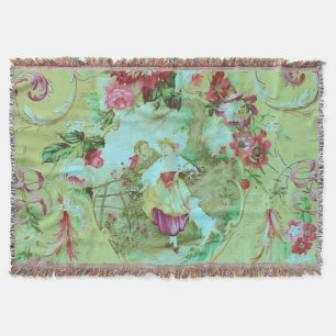 Antique Victorian Toile Rococo Style Sage Green  Throw Blanket