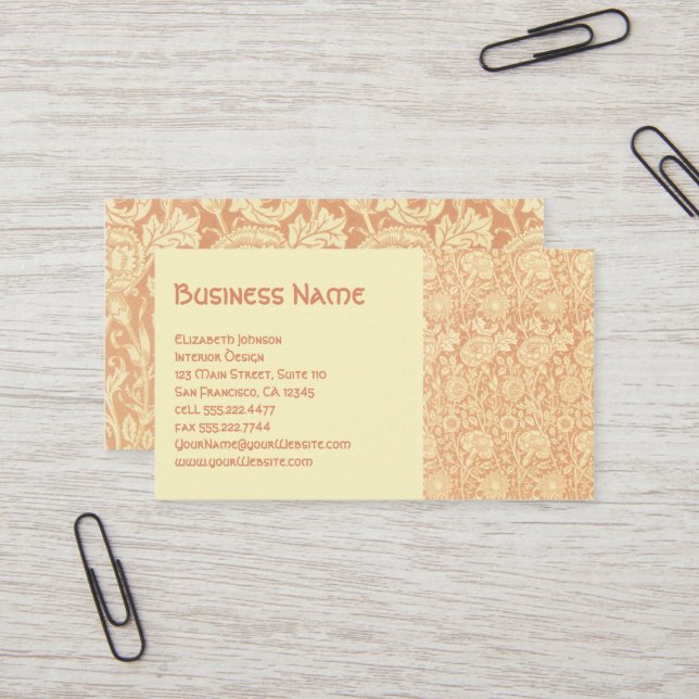 Antique Victorian William Morris Carnations Roses Business Card (Front/Back In Situ)