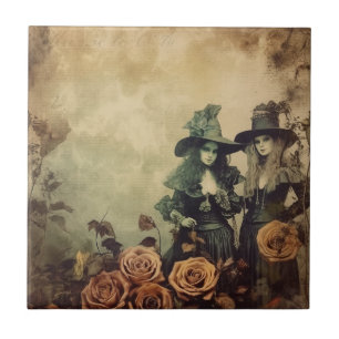 Antique Victorian Witch Sisters Sepia Tile