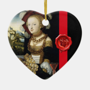 ANTIQUE VINEYARD GRAPES AND WINE ,RED WAX SEAL CERAMIC TREE DECORATION