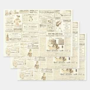 Antique Vintage Beige French Ads Ephemera Wrapping Paper Sheet