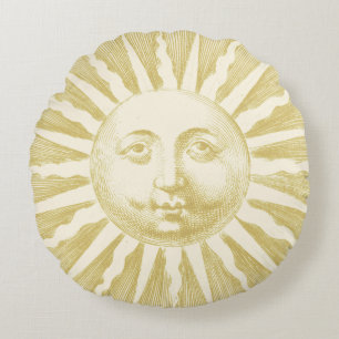 Antique Vintage Beige Gold Sun Face Round Cushion