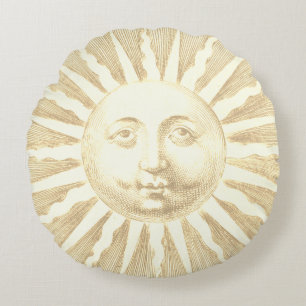 Antique Vintage Beige Gold Sun Face Round Cushion
