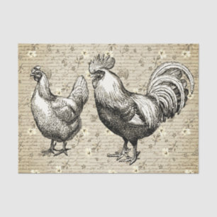 Antique Vintage Beige Rooster Hen French Script Tissue Paper