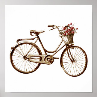 Antique Vintage Bicycle Basket Flowers Roses Print
