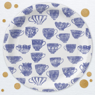 Antique Vintage Blue Teacup Watercolor Paper Plate