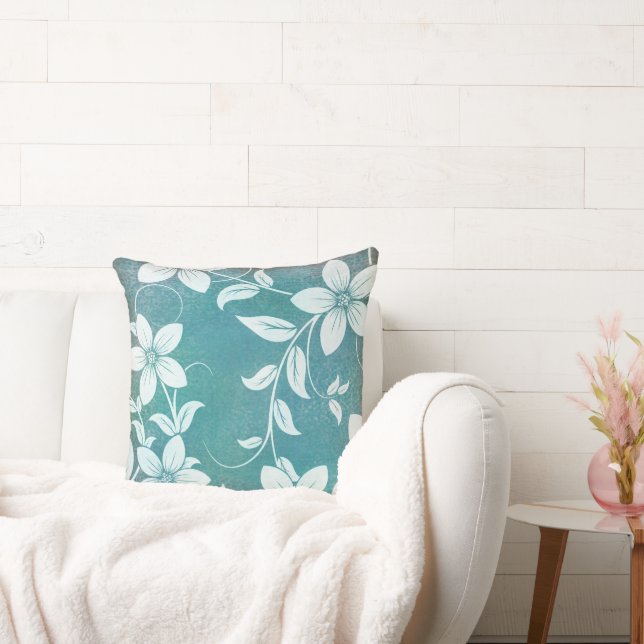 Antique Vintage Blue Teal White Floral Cushion (Couch)