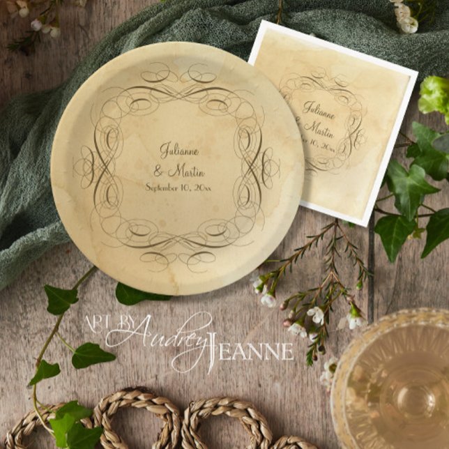 Antique Vintage Calligraphy Scrollwork Wedding Paper Plate (Creator Uploaded)