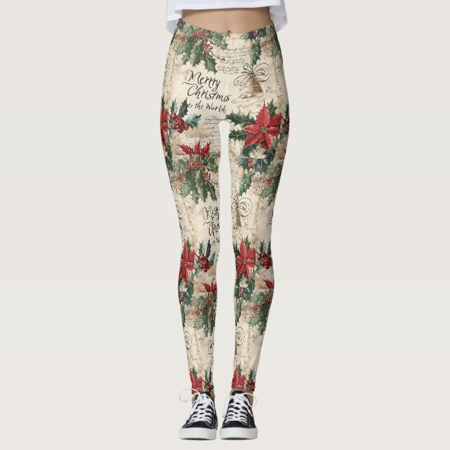 Antique Vintage Christmas Holly Pattern Leggings (Front)