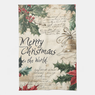 Antique Vintage Christmas Holly Pattern Tea Towel