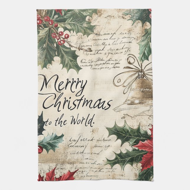 Antique Vintage Christmas Holly Pattern Tea Towel (Vertical)