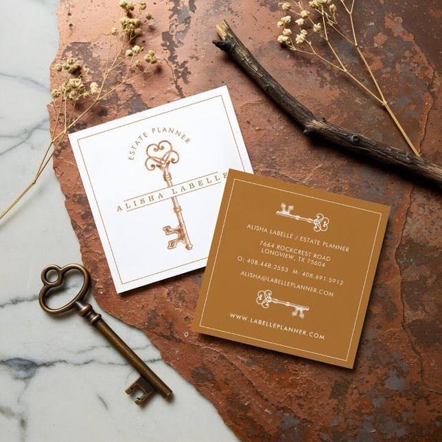 Antique Vintage Copper Skeleton Key Square Business Card (Antique Vintage Copper Skeleton Key Square Business Card)