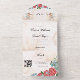 Antique Vintage Cupid Cherub Retro QR Code Wedding All In One Invitation