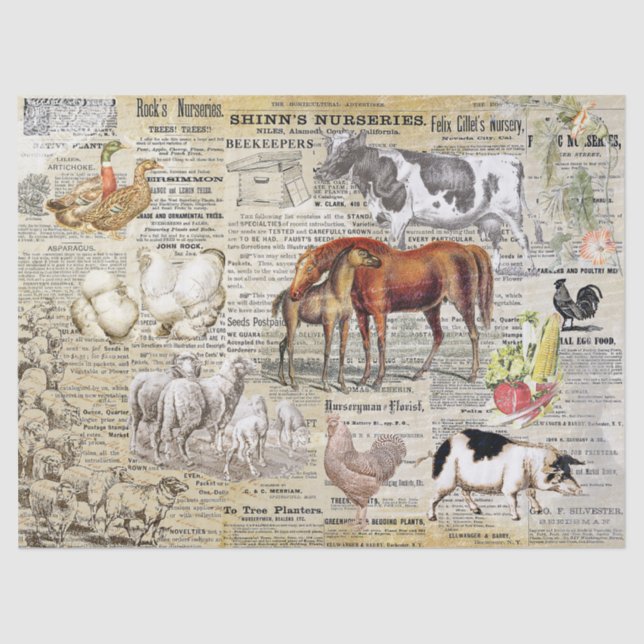 Antique Vintage Farm Animals Ephemera Beige Tissue Paper (Front)