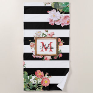 Antique Vintage Floral & Stripes Monogram Beach Towel