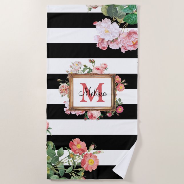 Antique Vintage Floral & Stripes Monogram Beach Towel (Front)