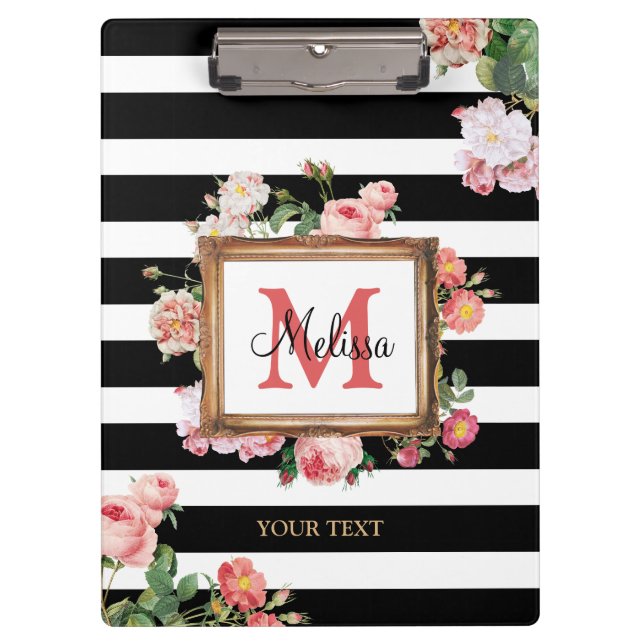 Antique Vintage Floral & Stripes Monogram Clipboard (Front)