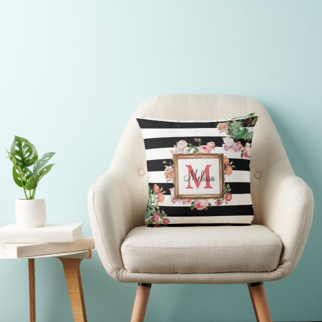 Antique Vintage Floral & Stripes Monogram Cushion (Chair)