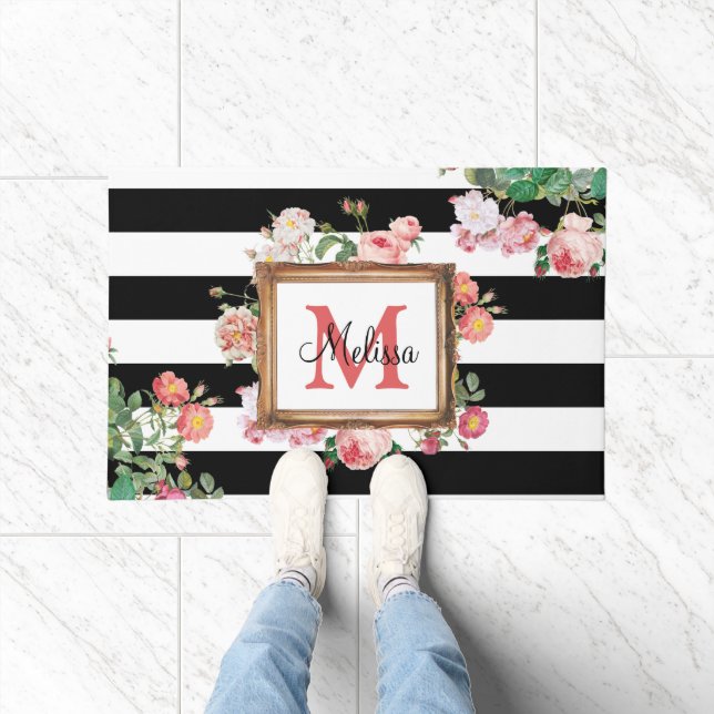 Antique Vintage Floral & Stripes Monogram Doormat (Indoor)