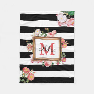 Antique Vintage Floral & Stripes Monogram Fleece Blanket