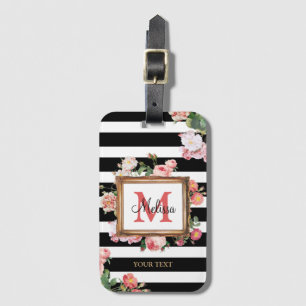 Antique Vintage Floral & Stripes Monogram Luggage Tag