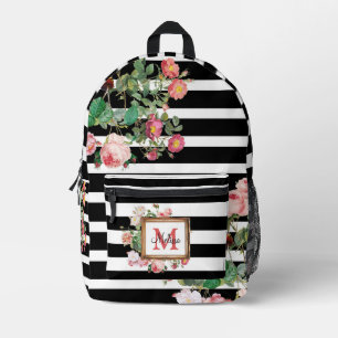 Antique Vintage Floral & Stripes Monogram Printed Backpack