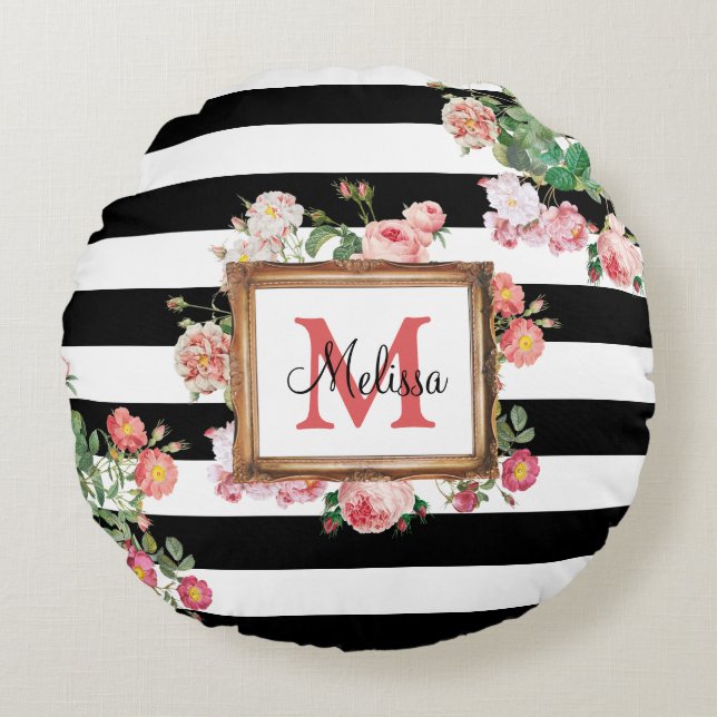Antique Vintage Floral & Stripes Monogram Round Cushion (Front)
