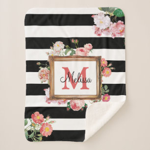 Antique Vintage Floral & Stripes Monogram Sherpa Blanket